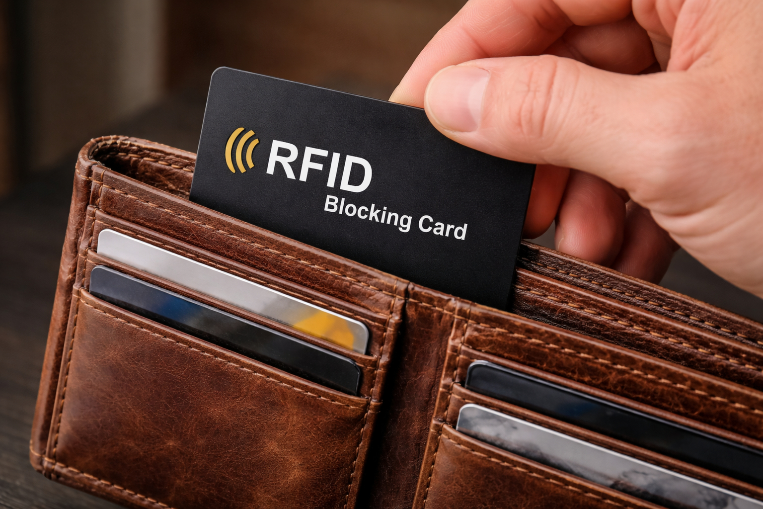 RFID Blocking Card being put into a mans wallet