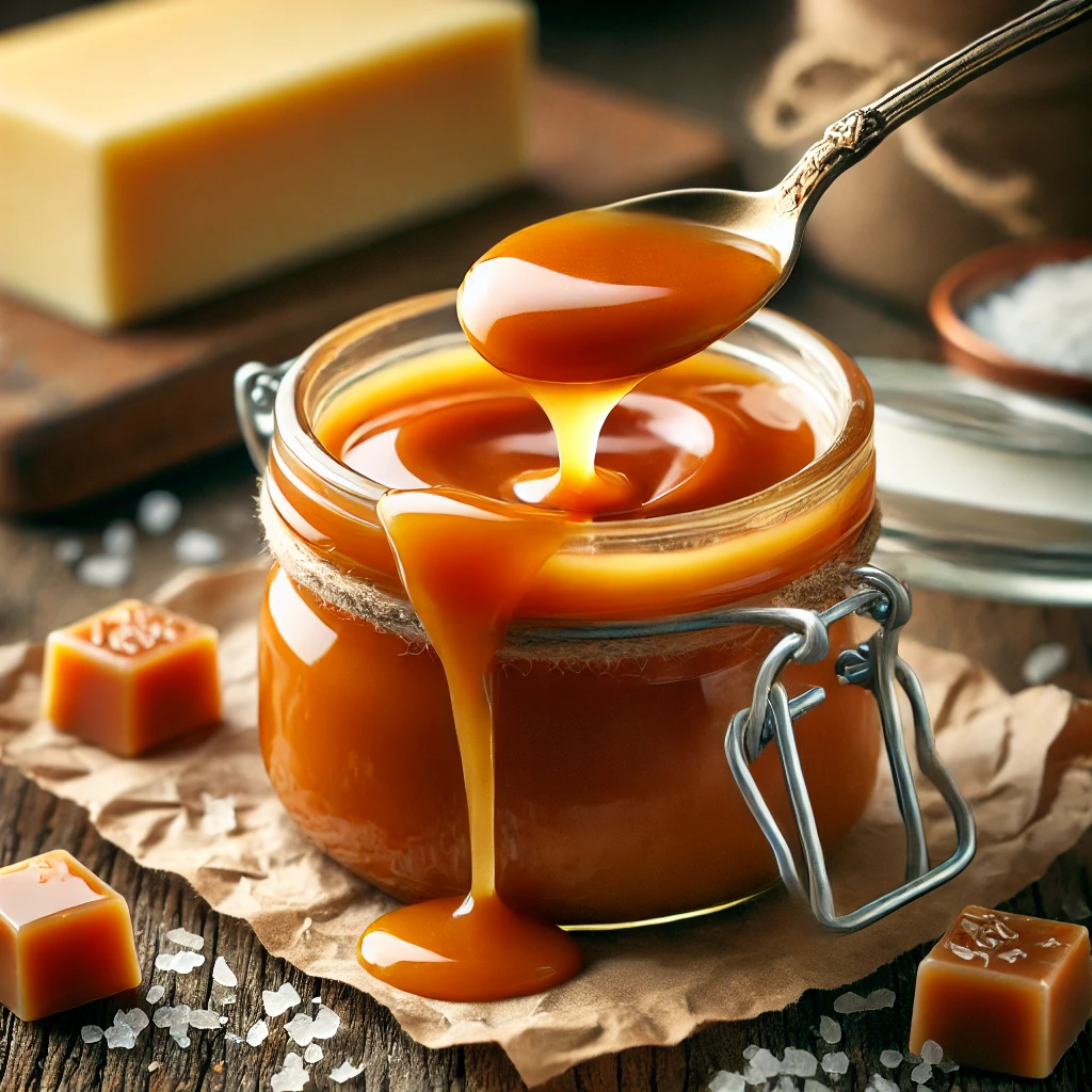 Smooth, sweet and perfect Caramel Beurre Salé in a glass jar being ladled out by a spoon.