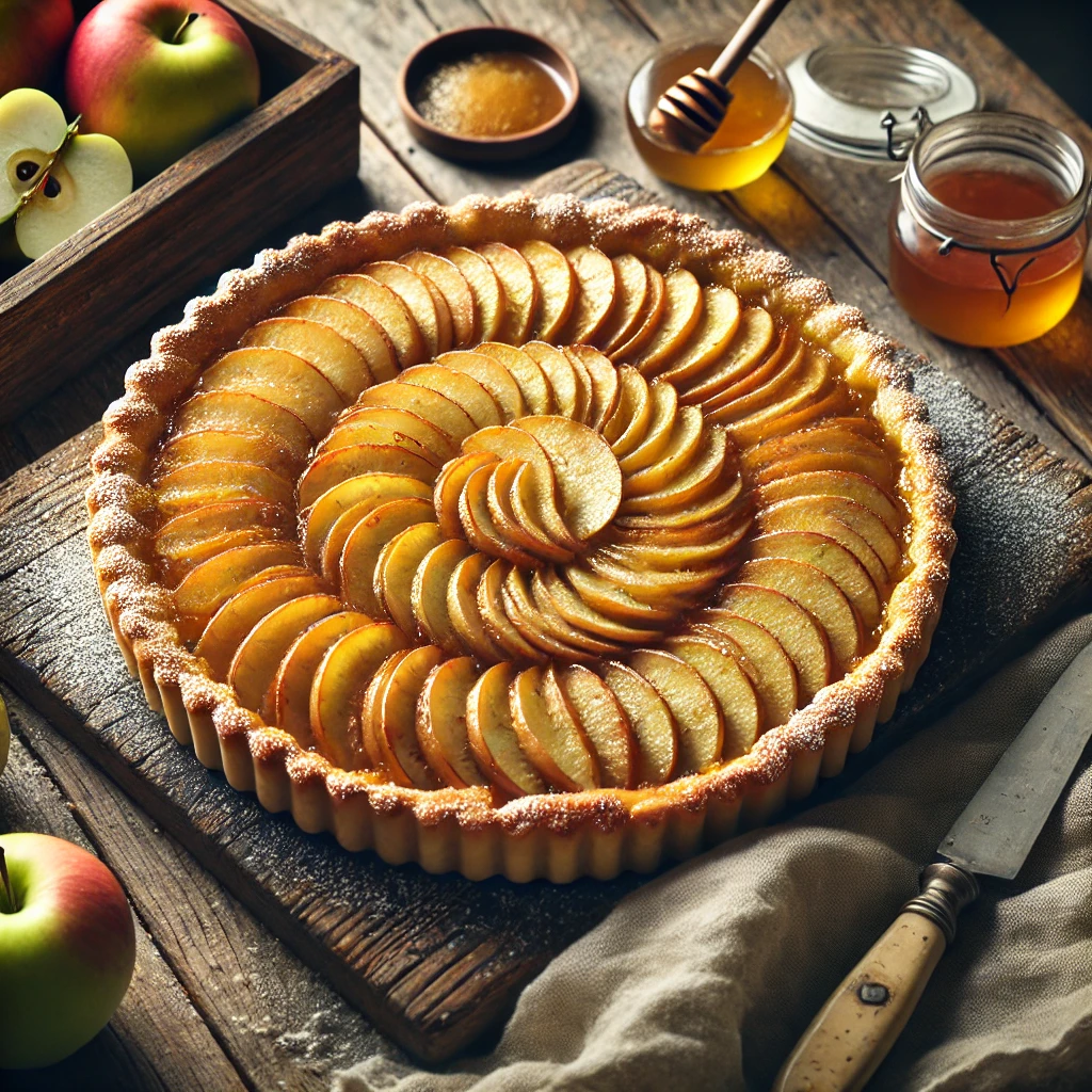 A rustic apple tart made with thin slices of apple layered together in a thin pastry case