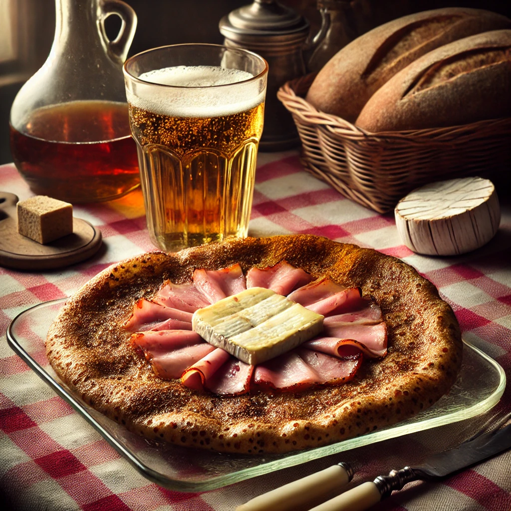 Savoury, buckwheat pancake served with ham and Camembert cheese. 