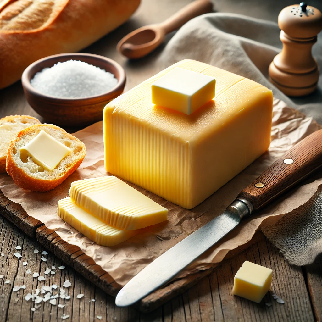 A block of creamy Isigny butter with some spread on french bread.