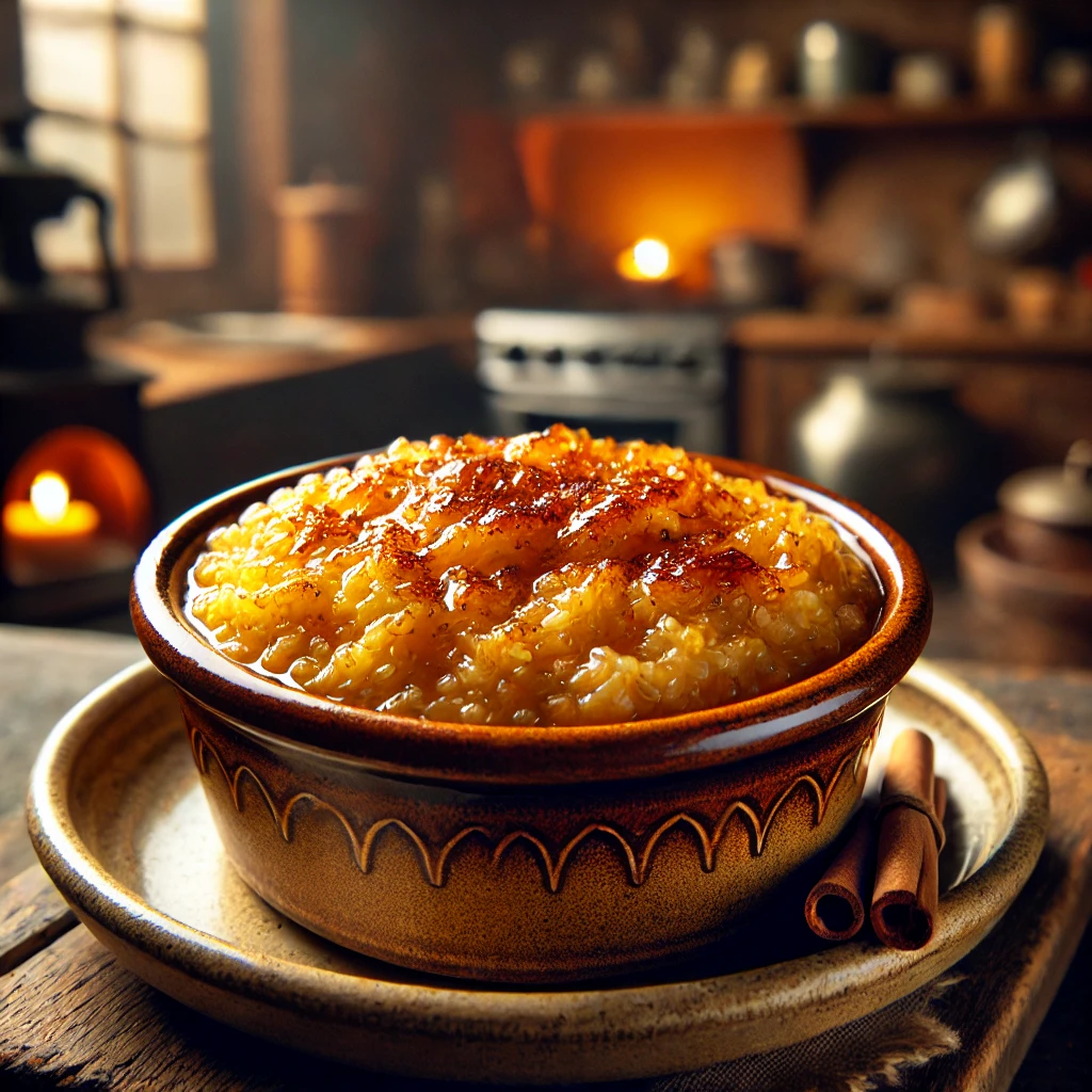 A warm rice dessert topped with cinnamon and caramel in a ceramic bowl