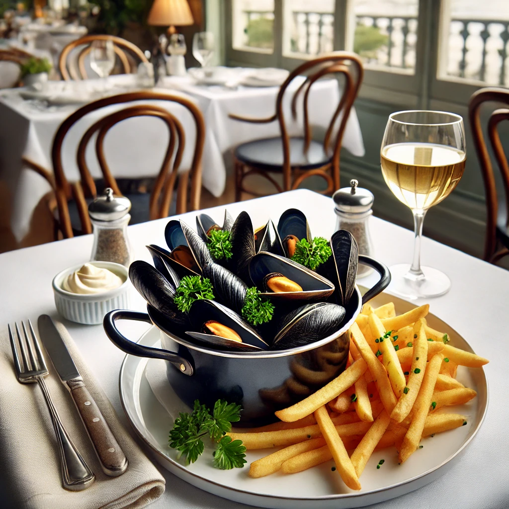 A pot of mussels served with a generous helping of french fries.