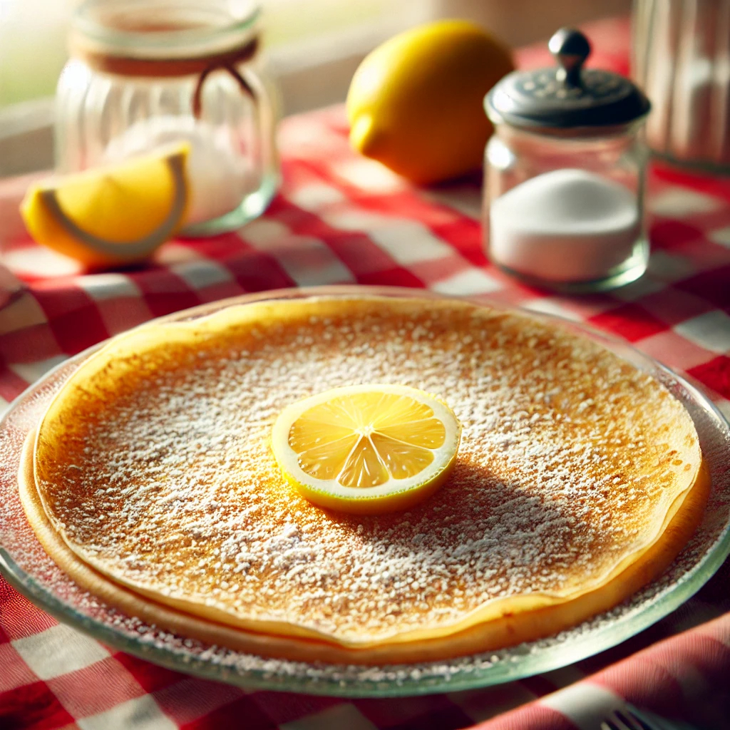 A delicious crepe pancake with sugar and lemon