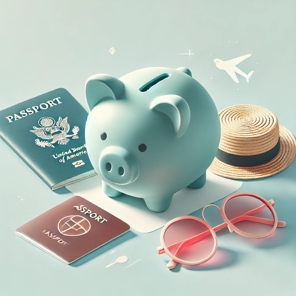 Piggy bank and passports illustrating saving for travel