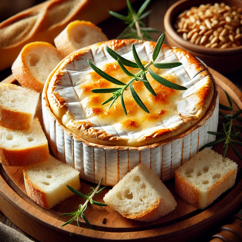 A baked Camembert cheese surrounded by slices of french bread.