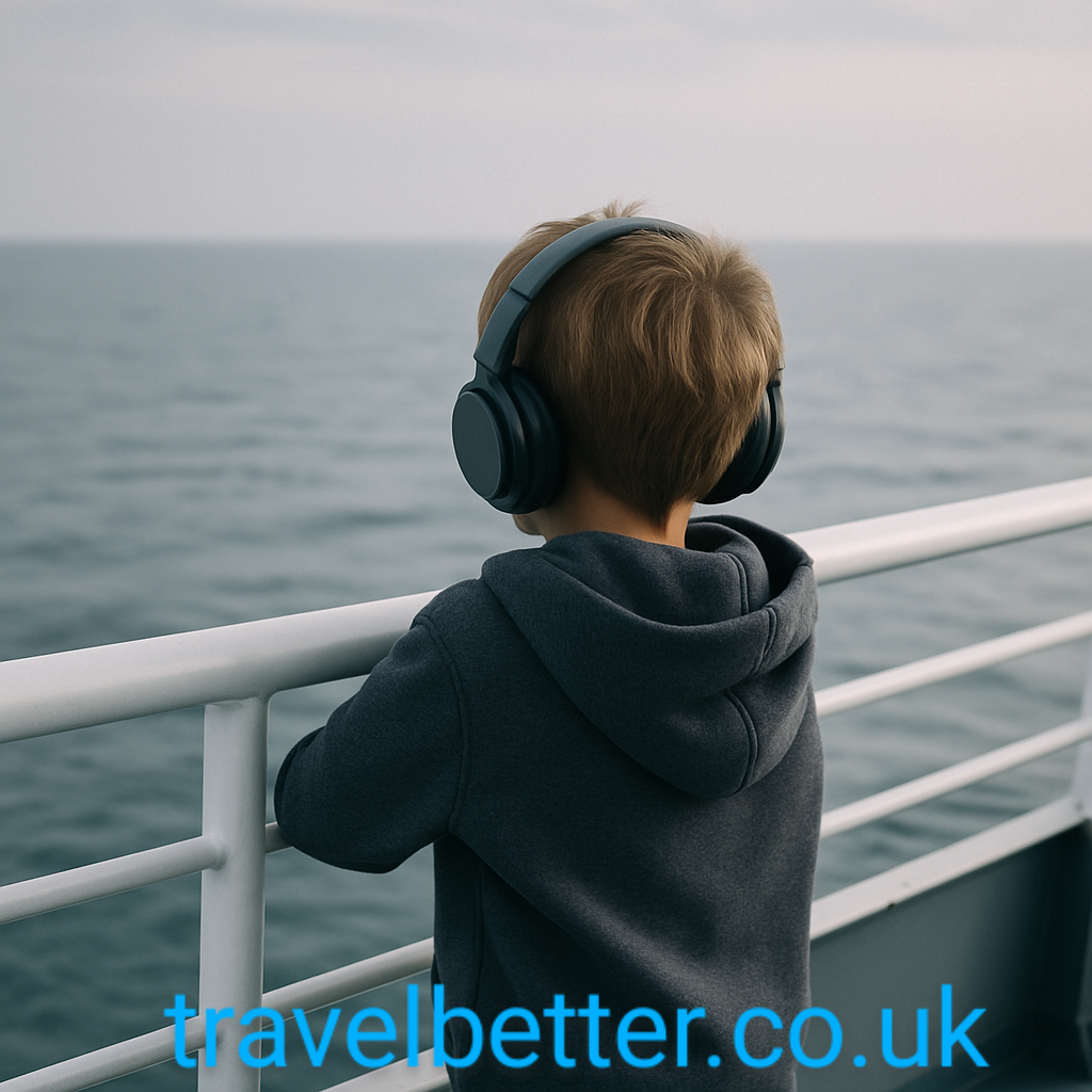 A young child looking out to sea on a ferry boat wearing noise cancelling headphones.