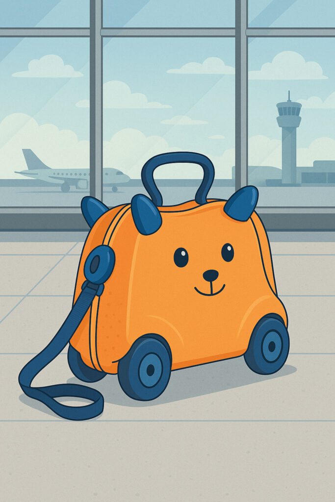 An orange animal-shaped children’s ride-on suitcase with blue wheels and ears sits in an airport terminal with a plane and control tower visible through large windows