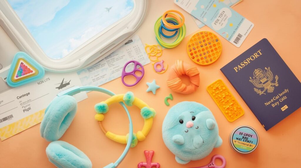 selection of airport-safe stimming toys including pop-it fidgets, a tangle toy and sensory rings, placed beside a passport and boarding pass near an airplane window.
