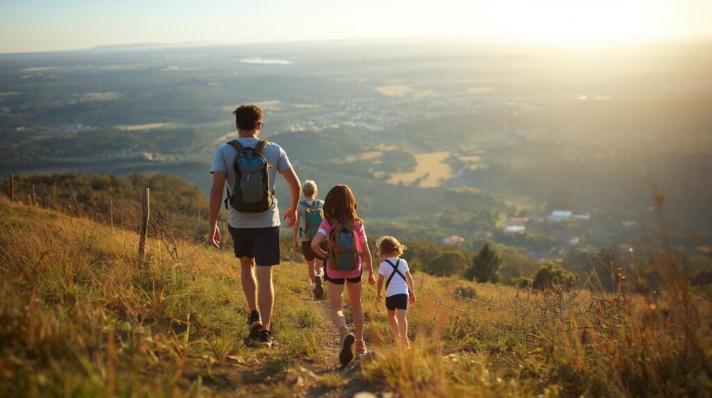 A healthy and happy family hiking down a hill happily.