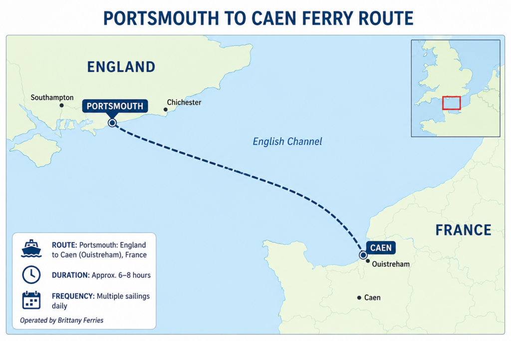 map showing the ferry route across the sea from Portsmouth Harbour to Ouistream